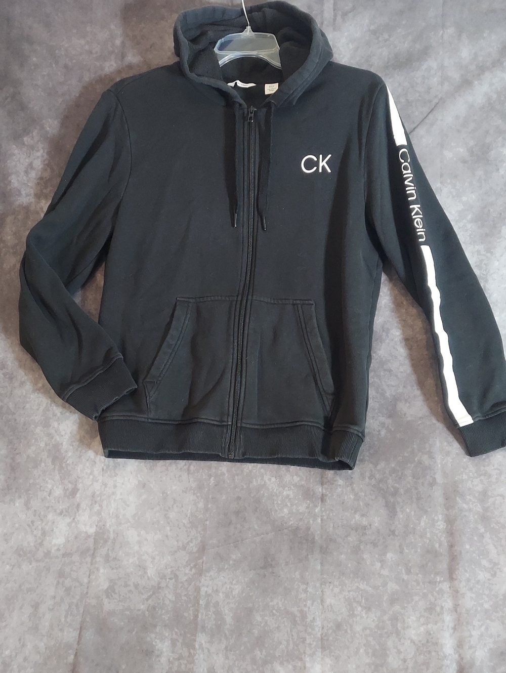 Calvin Klein Black CK Logo & Sleeve Stripe Full Zip Hoodie Jacket Medium - Picture 2 of 8